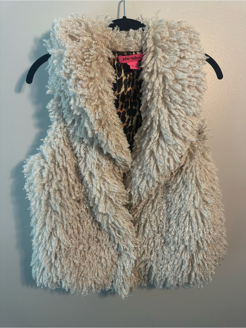 Betsey Johnson Girls' Cream Shag Faux Fur Vest with Leopard Lining